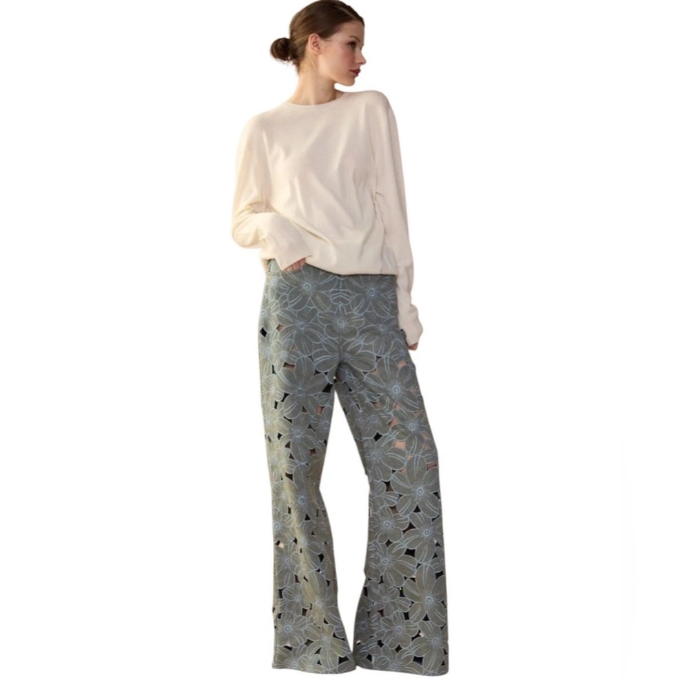 Cynthia Rowley Floral Cutout Wide-Leg Jeans in Sage and Ivory - Picture 2 of 16